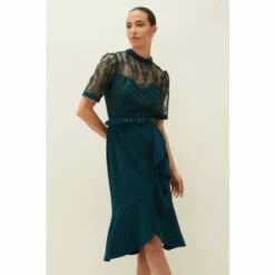 Phase Eight Blue Alesia Lace Bodice Belted Dress