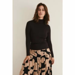 Phase Eight Ottilie Brown Button Detail Roll Neck Knit Jumper