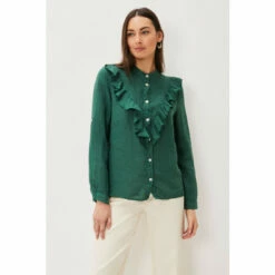 Phase Eight Green Enid Frill Front Linen Blouse