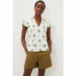 Phase Eight White Ines Palm Print Frill Sleeve Blouse