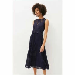 Phase Eight Amora Blue Lace Bodice Pleated Dress