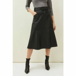 Phase Eight Jemma Black Leather A-Line Midi Skirt