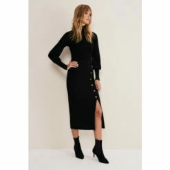 Phase Eight Irina Ribbed Button Detail Knit Black Skirt
