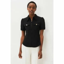 Phase Eight Black Shaden Zip Front Ponte Top